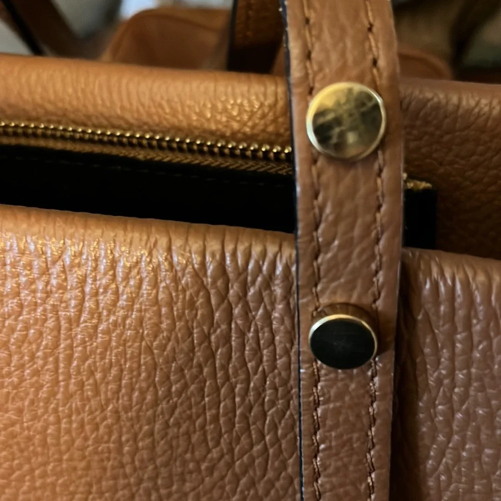 Vera Pelle Tan Brown Pebbled Leather Neutral Two Handle Tote Laptop Bag Purse